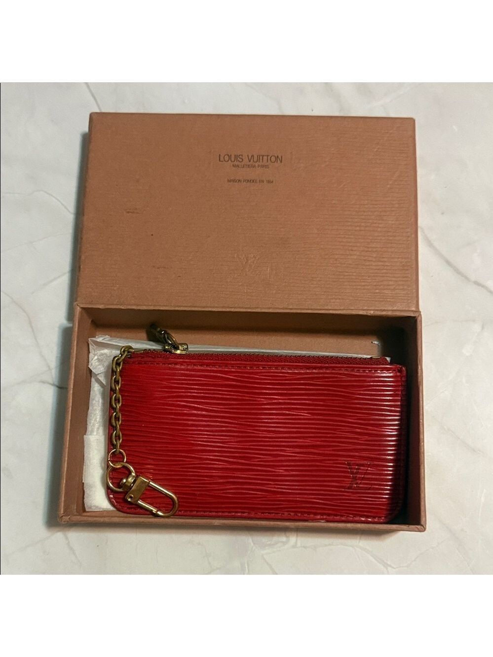 VTG Louis Vuitton Red Epi Leather Key Pouch with Gold Chain